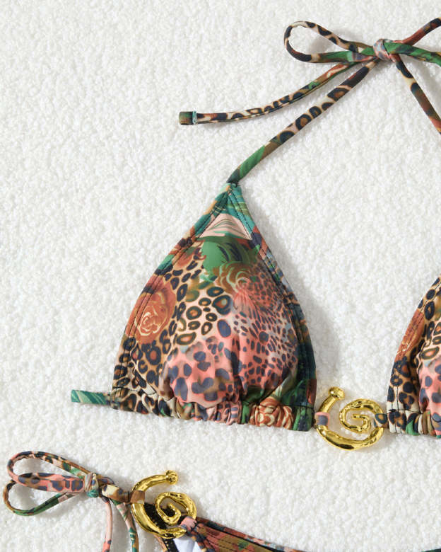 Retro Floral Leopard Print Beach Vacation Bikini