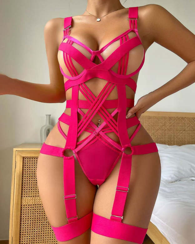Sexy Strappy Crisscross Cutout Underwire Garter Belt Lingerie Set