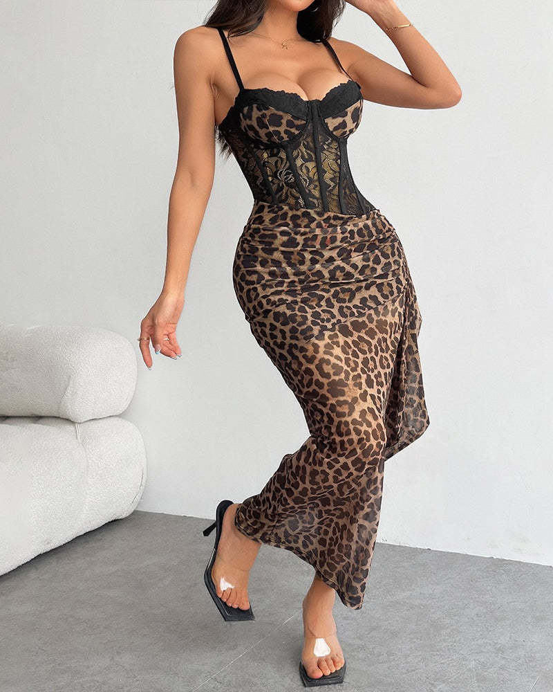 Sexy Leopard Print Lace Patchwork Fitted Spaghetti Strap Long Dress