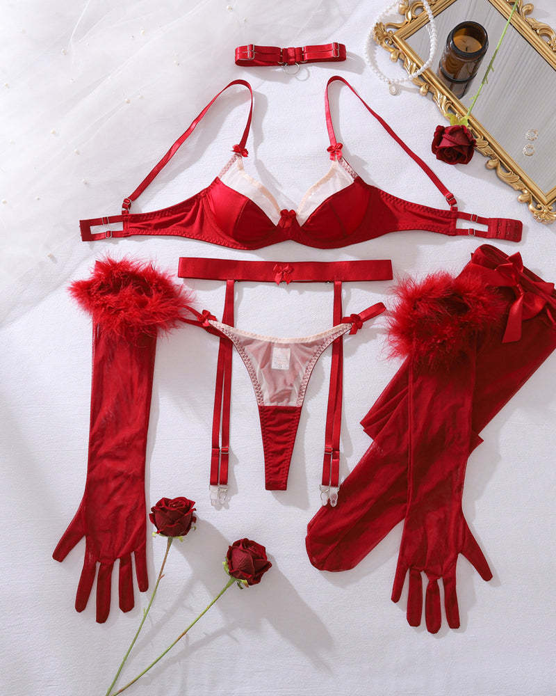 Sexy Bowknot Mesh Panel Bra and Panty Set + Gloves + Stockings