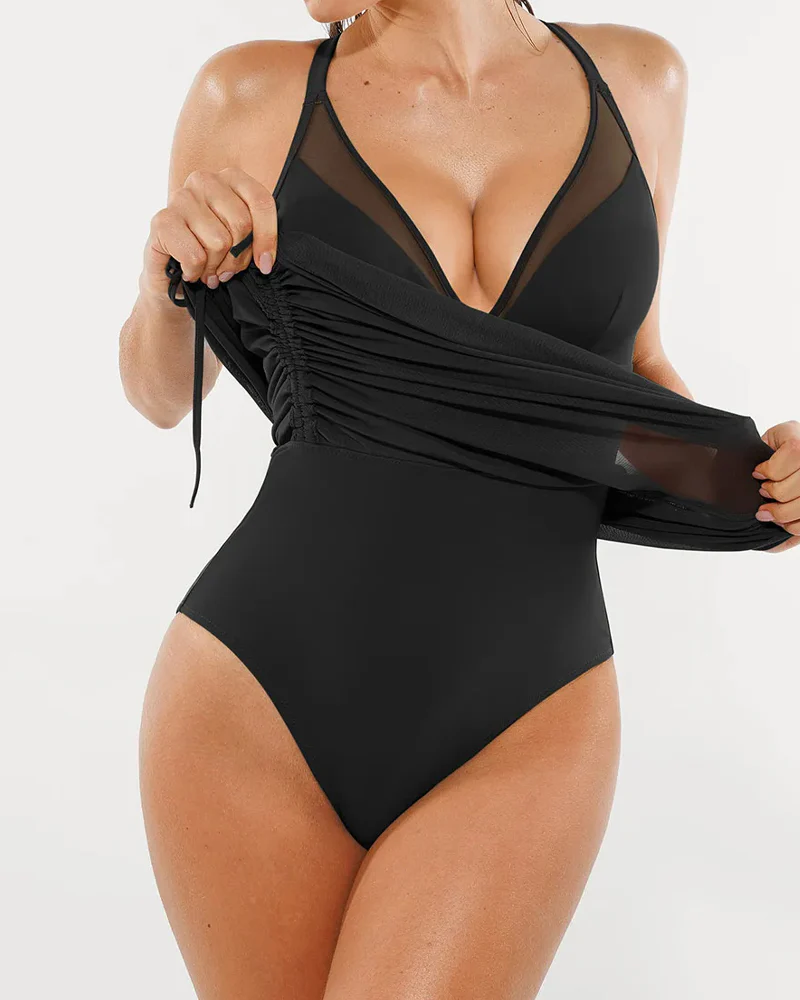 Beach Vacation Deep V-neck Sculpting Curve Mesh Skirt One-Piece Swimsuit