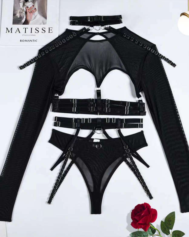 Sexy Strappy Halter Neck Corset Mesh Long-sleeved Lingerie Set