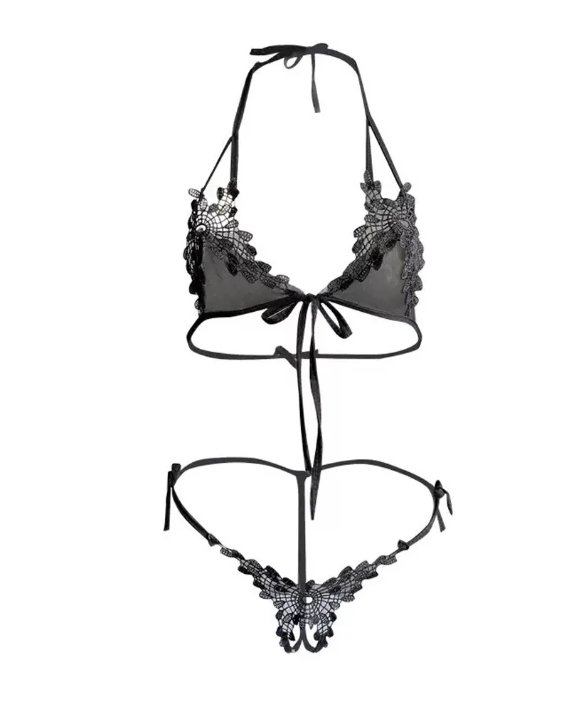 Sexy Deep V Halter Neck Lace See-through Open Crotch Lingerie Set