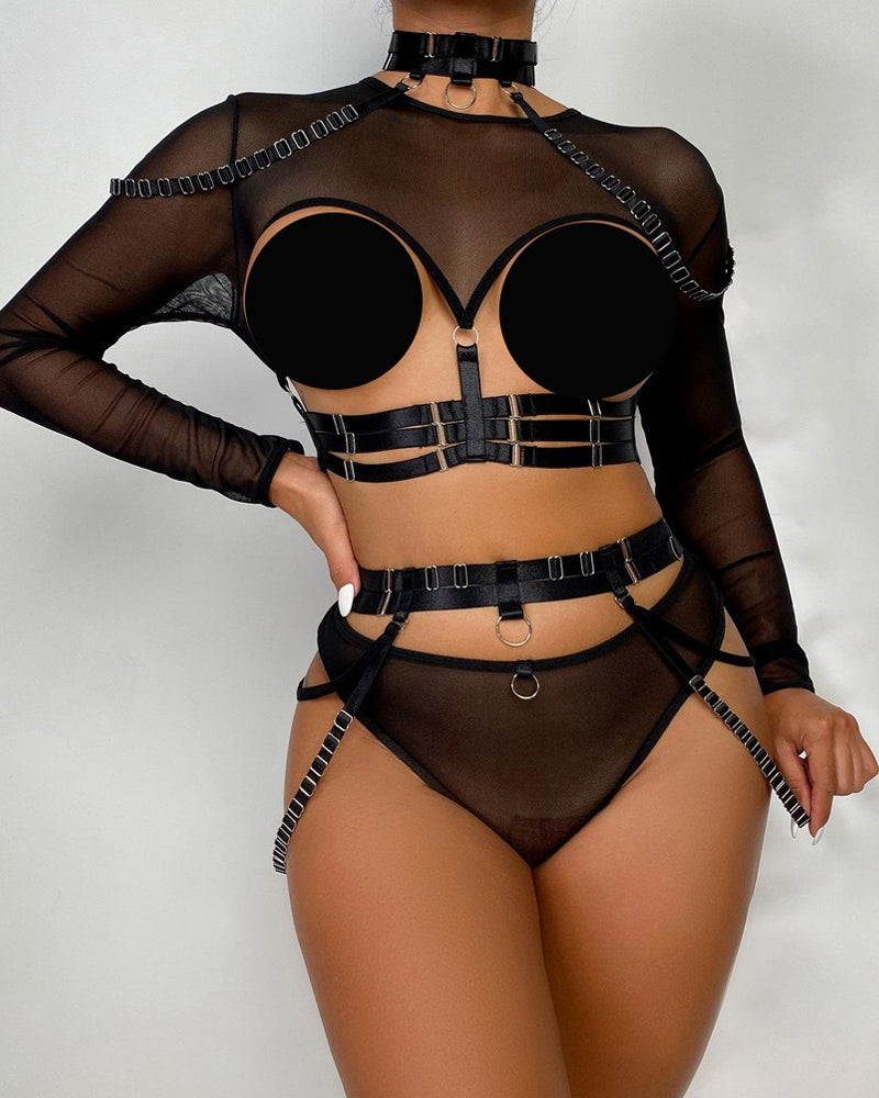 Sexy Strappy Halter Neck Corset Mesh Long-sleeved Lingerie Set
