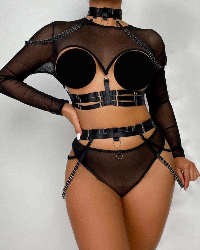Sexy Strappy Halter Neck Corset Mesh Long-sleeved Lingerie Set