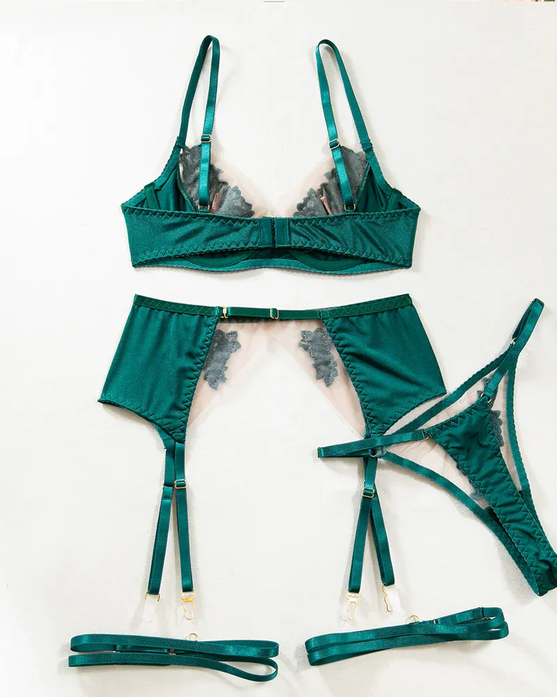 Sexy See-through Mesh Floral Embroidery Patchwork Push-up Bra and Thong Lingerie Set