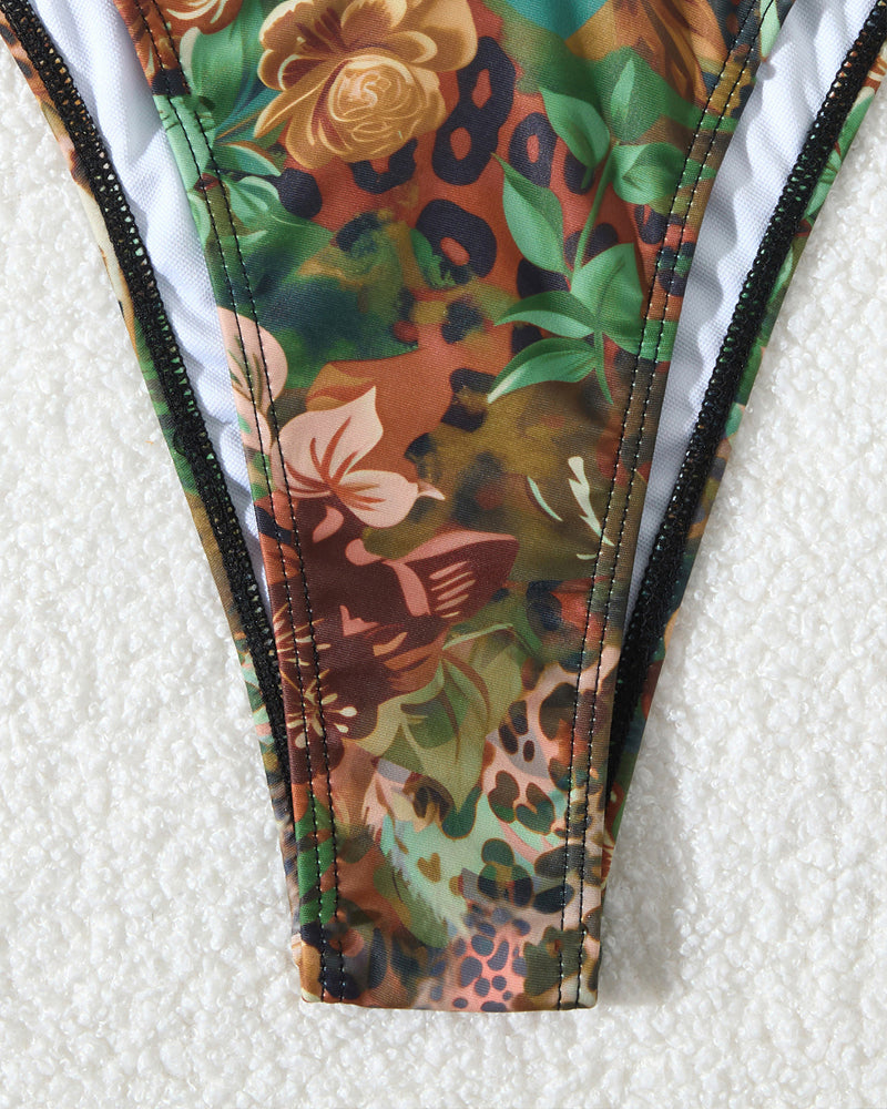 Retro Floral Leopard Print Beach Vacation Bikini
