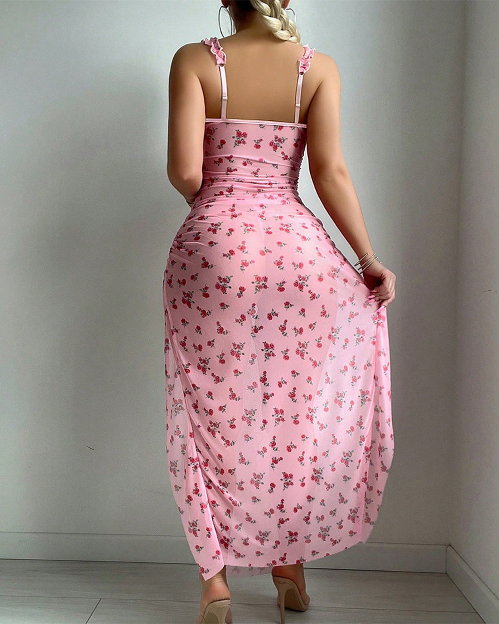 Sexy Ruffled Underwire Floral Print High Slit Long Nightgown