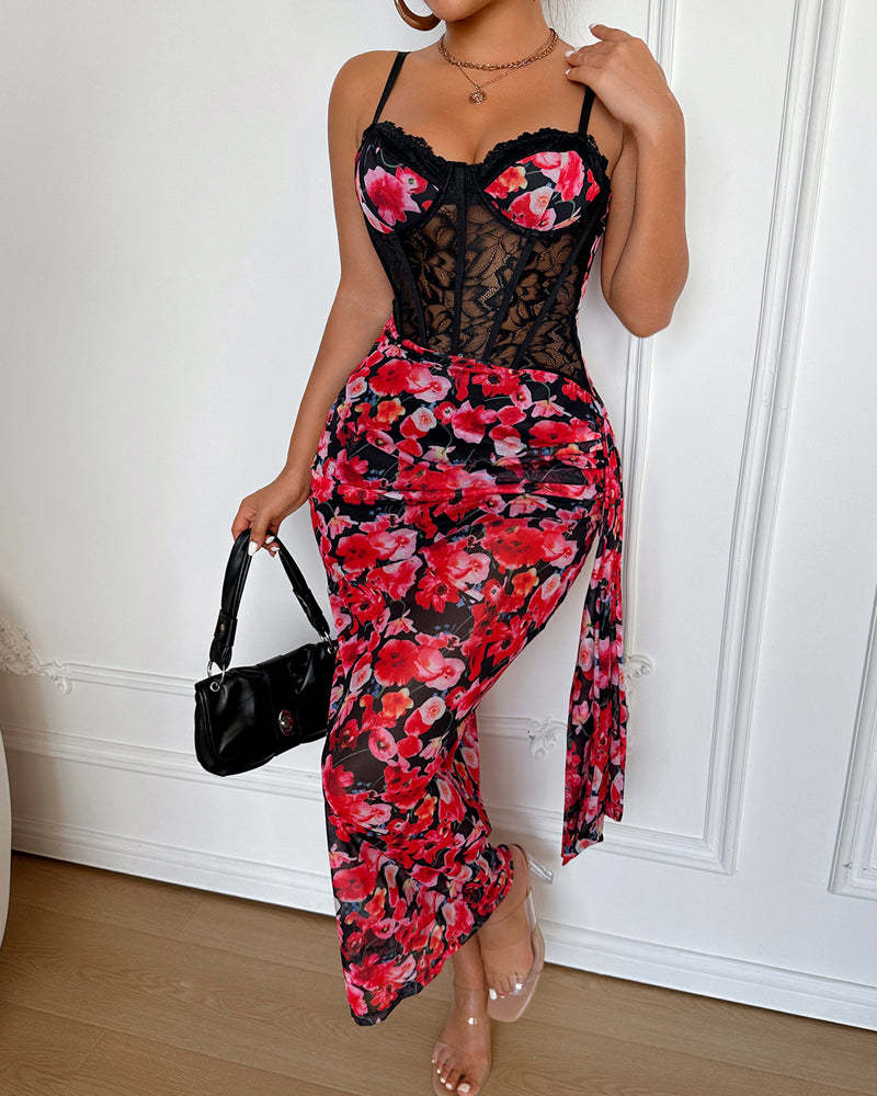 Sexy Leopard Print Lace Patchwork Fitted Spaghetti Strap Long Dress