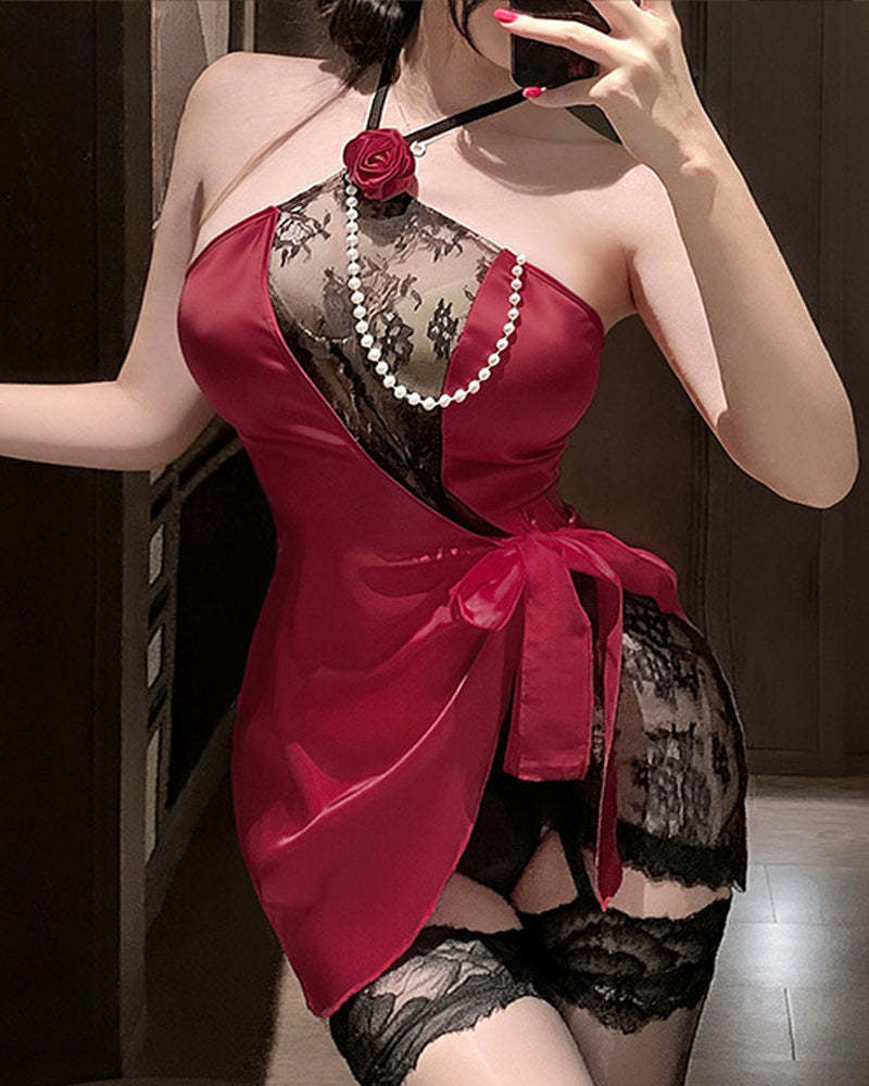 Sexy Halter Neck Lace See-through Mesh Patchwork Lingerie Nightgown Set