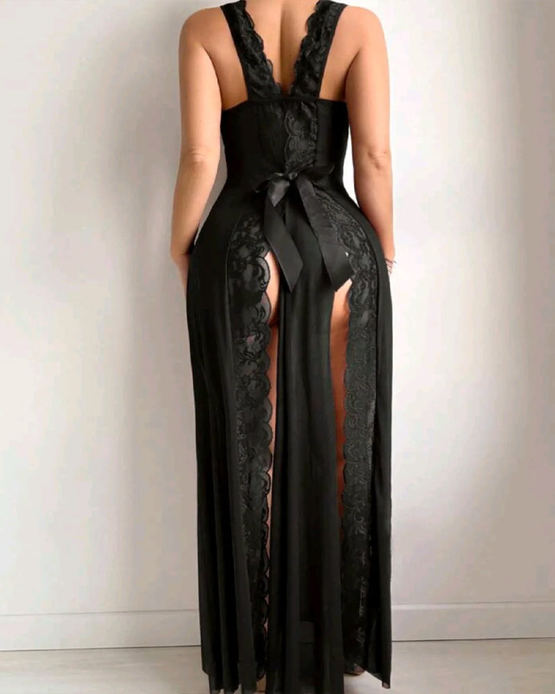 Sexy Deep V-neck High Slit Lace See-through Long Nightgown