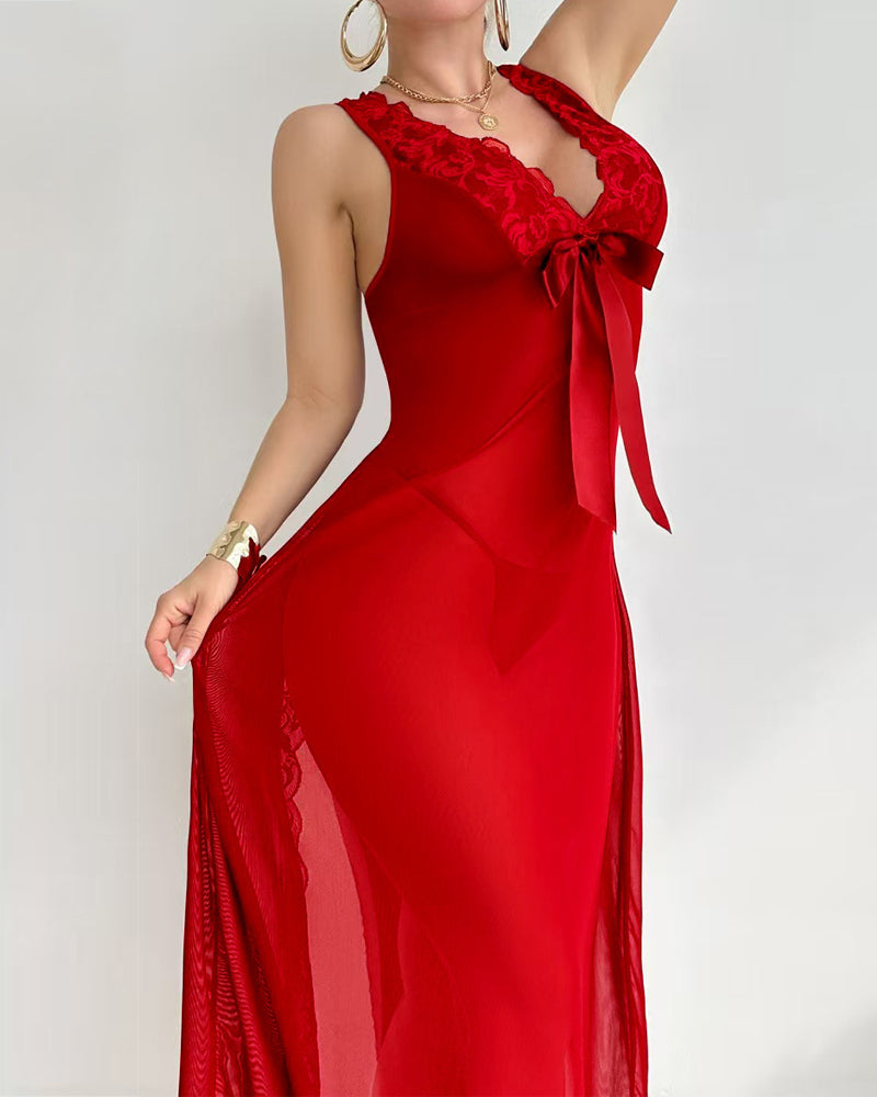 Sexy Deep V-neck High Slit Lace See-through Long Nightgown