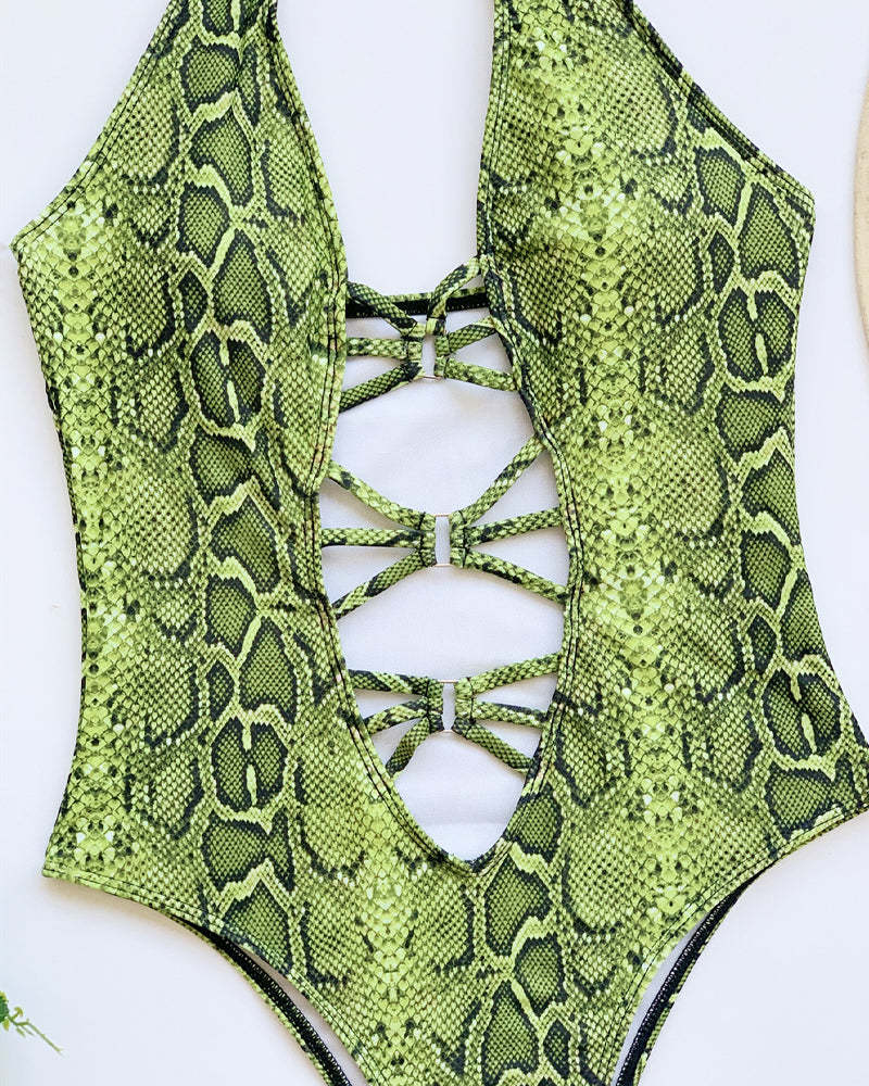 Snake-print Cutout Halter Neck Strap One-piece Swimsuit