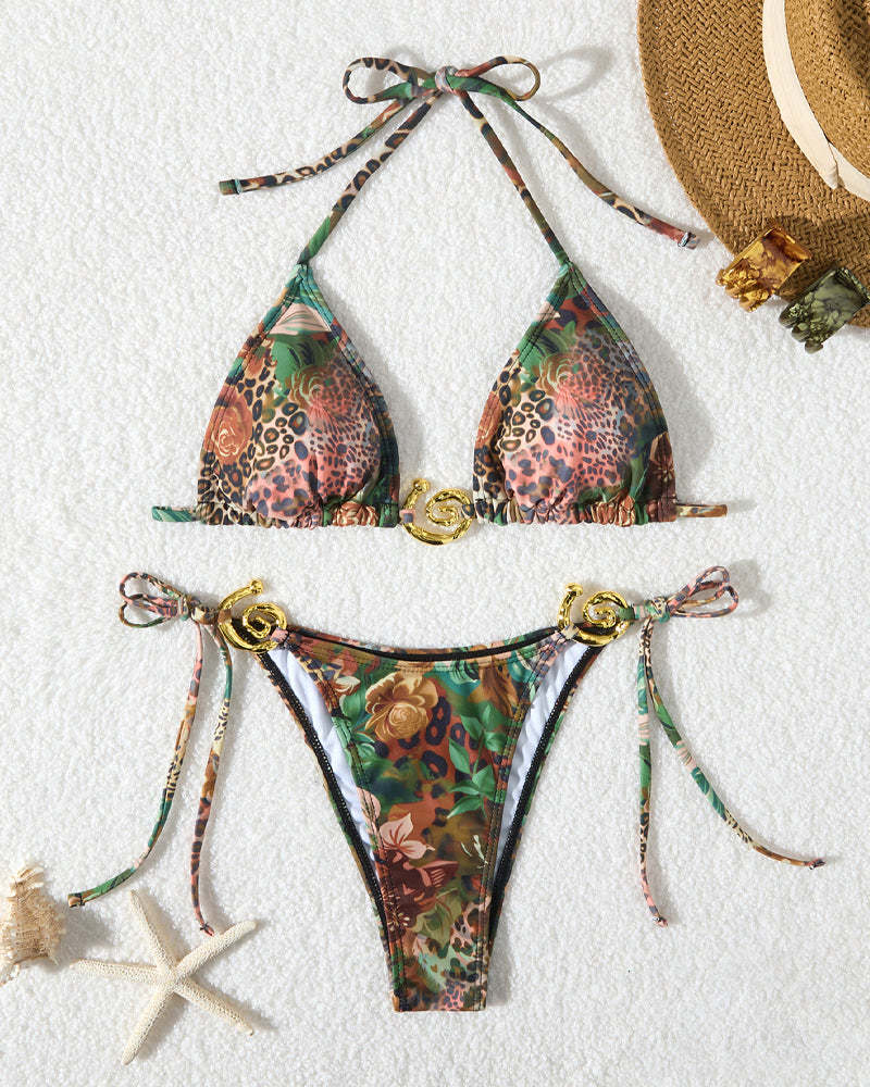 Retro Floral Leopard Print Beach Vacation Bikini