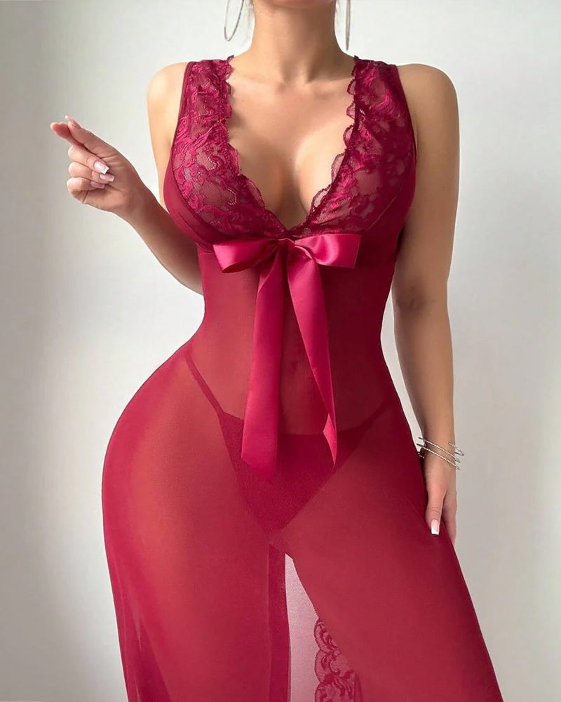 Sexy Deep V-neck High Slit Lace See-through Long Nightgown