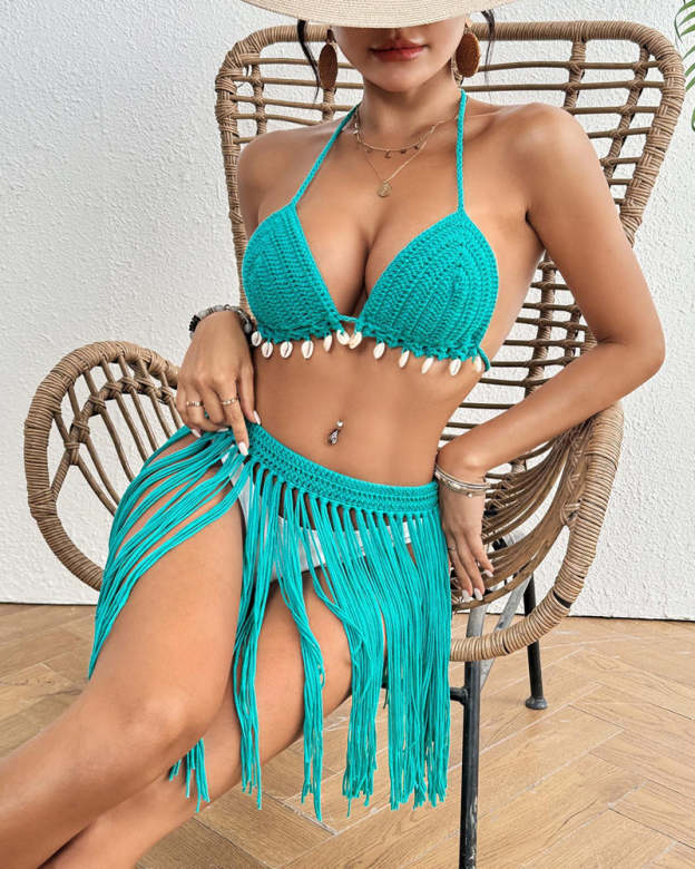 Hand-crocheted Shell-decorated Tassel Skirt and Bikini Top Two-piece Set