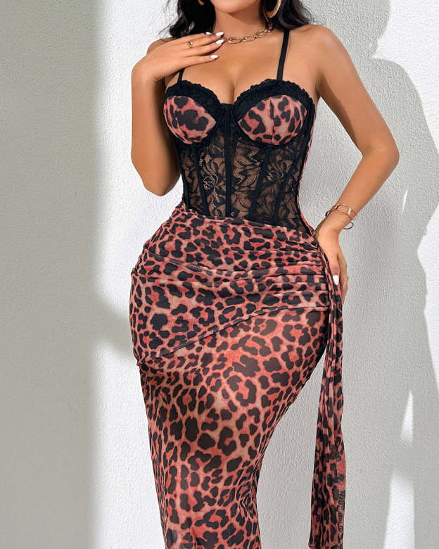 Sexy Leopard Print Lace Patchwork Fitted Spaghetti Strap Long Dress
