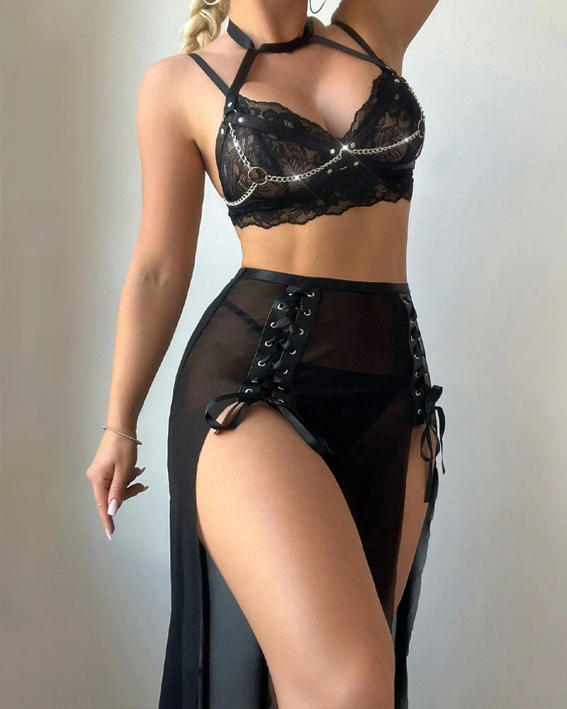 Sexy Halter Neck Lace See-through Mesh Leather Patchwork Slit Long Skirt Lingerie Set