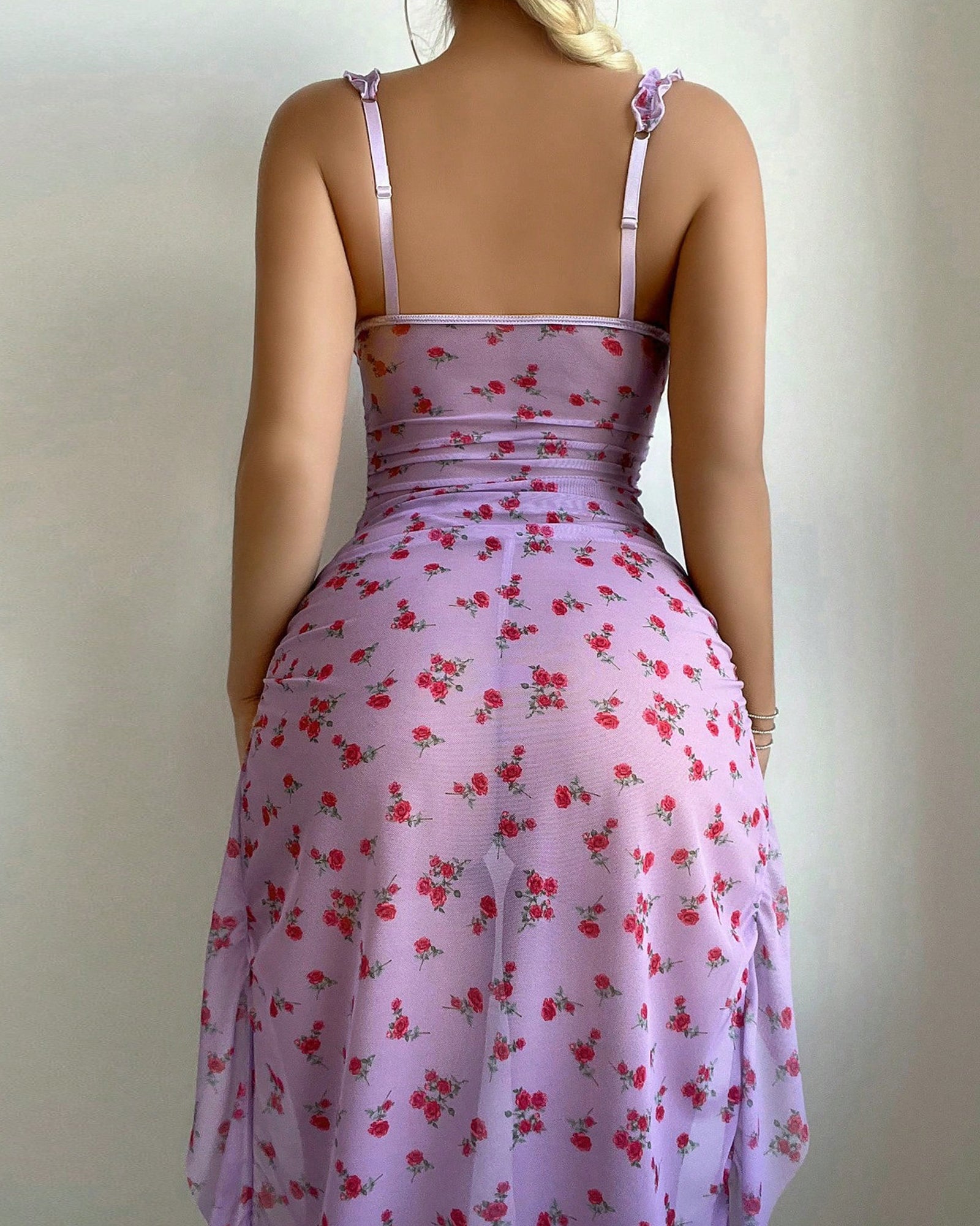 Sexy Ruffled Underwire Floral Print High Slit Long Nightgown