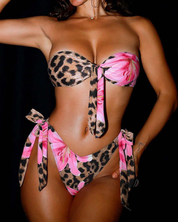 Leopard Floral Print Two-piece Bikini Swimsuit