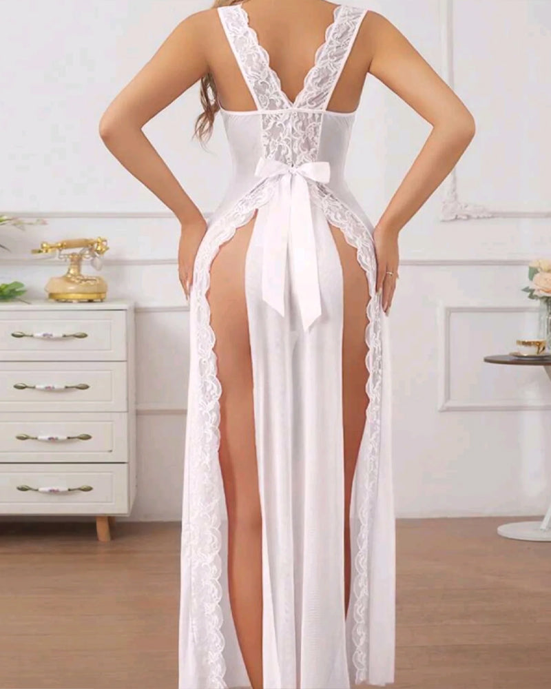 Sexy Deep V-neck High Slit Lace See-through Long Nightgown