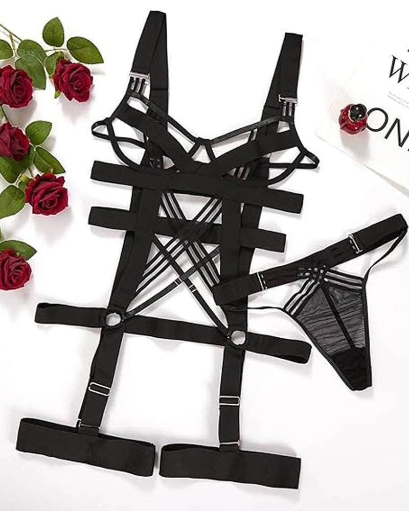 Sexy Strappy Crisscross Cutout Underwire Garter Belt Lingerie Set