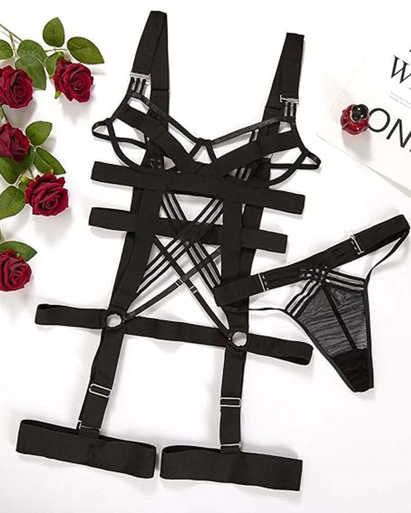 Sexy Strappy Crisscross Cutout Underwire Garter Belt Lingerie Set
