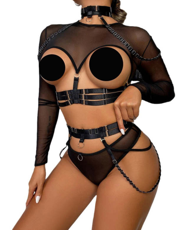 Sexy Strappy Halter Neck Corset Mesh Long-sleeved Lingerie Set