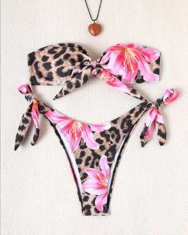 Leopard Floral Print Two-piece Bikini Swimsuit
