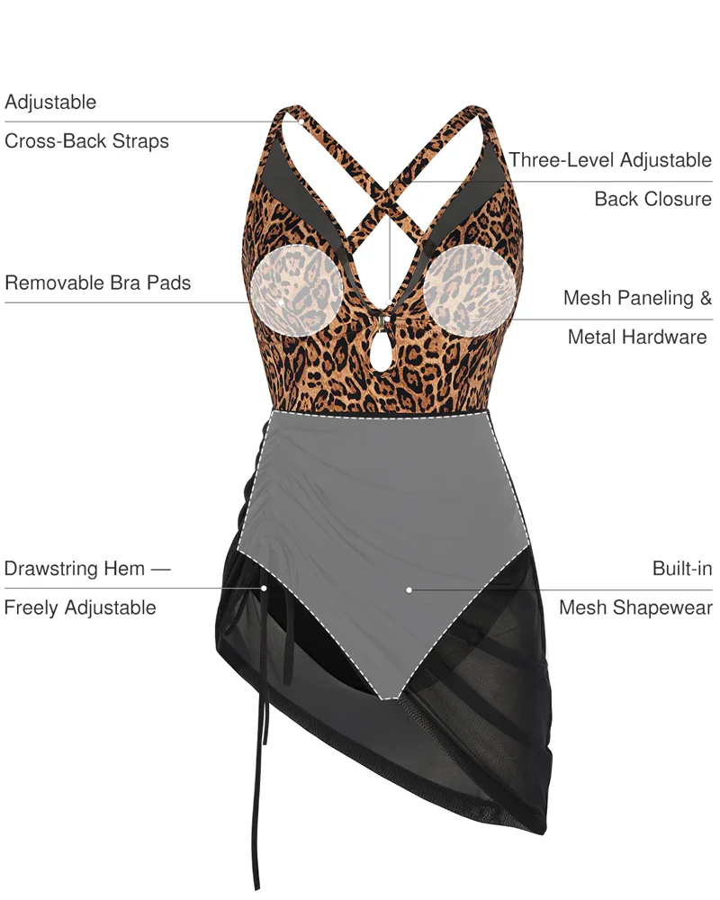 Beach Vacation Deep V-neck Sculpting Curve Mesh Skirt One-Piece Swimsuit