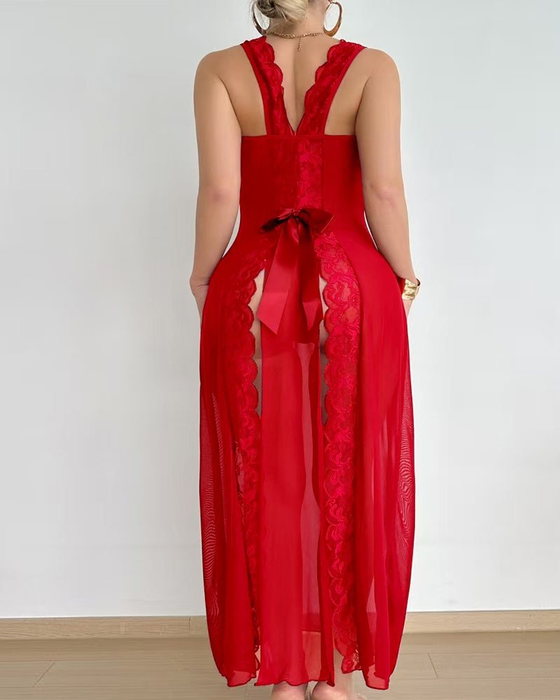 Sexy Deep V-neck High Slit Lace See-through Long Nightgown