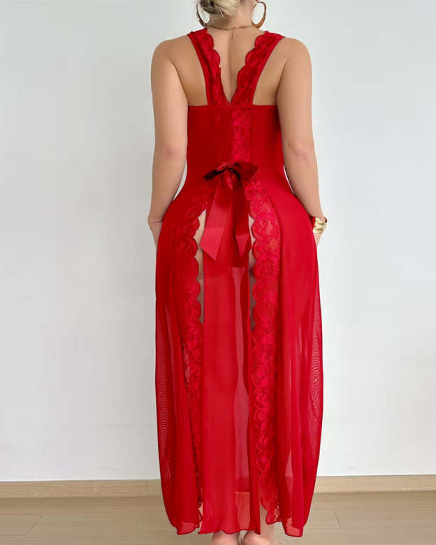 Sexy Deep V-neck High Slit Lace See-through Long Nightgown