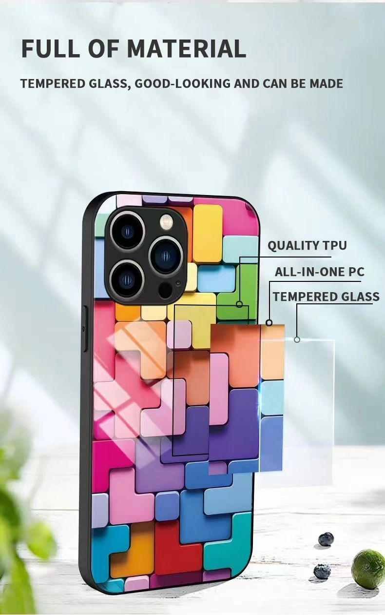 Flat 3D Square Pattern Glass Case Cover For iPhone