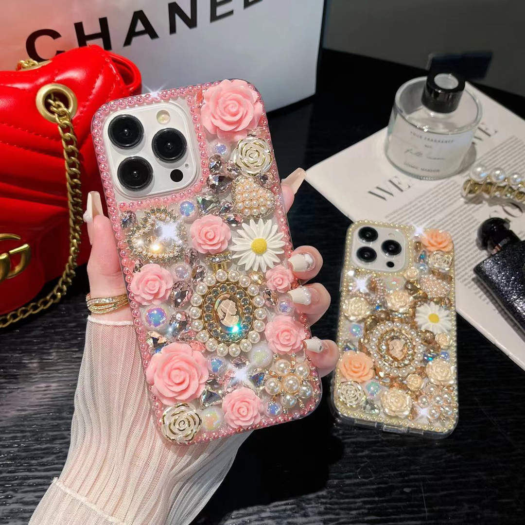 Hand-embellished pearl and diamond flower phone case