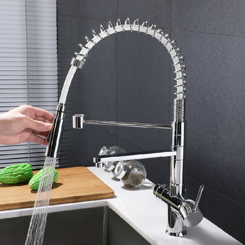JIEBAO 3-Way Pull Out Kitchen Faucet With Built-In Water Filter - Silver Chrome