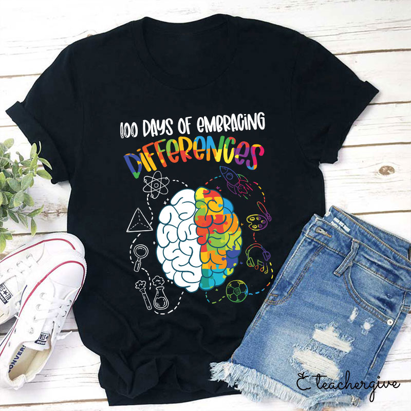 100 Days Of Embracing Differences Puzzle Brain Rocket Teacher T-Shirt