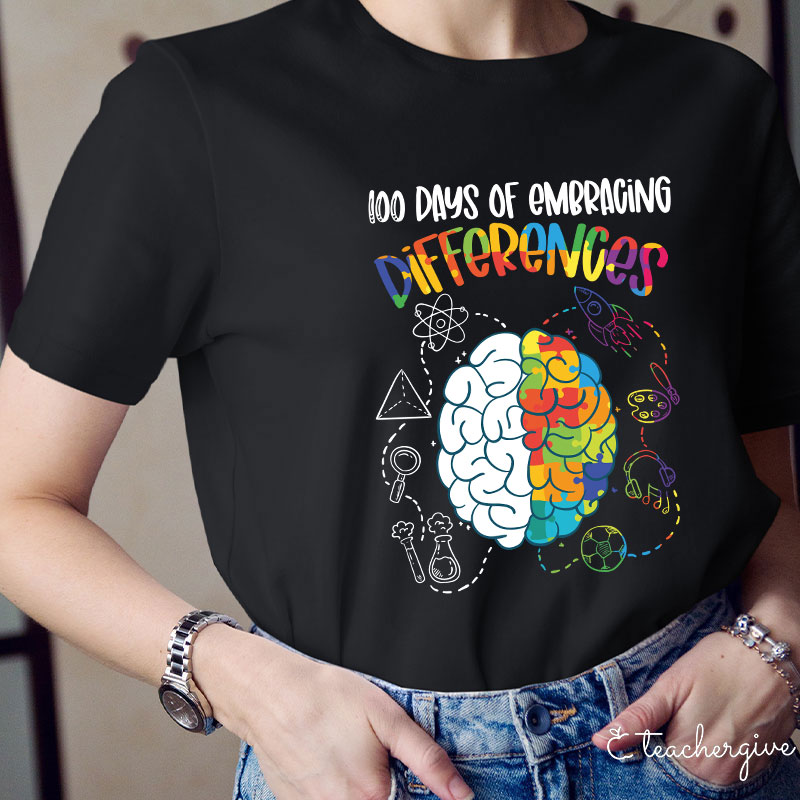 100 Days Of Embracing Differences Puzzle Brain Rocket Teacher T-Shirt