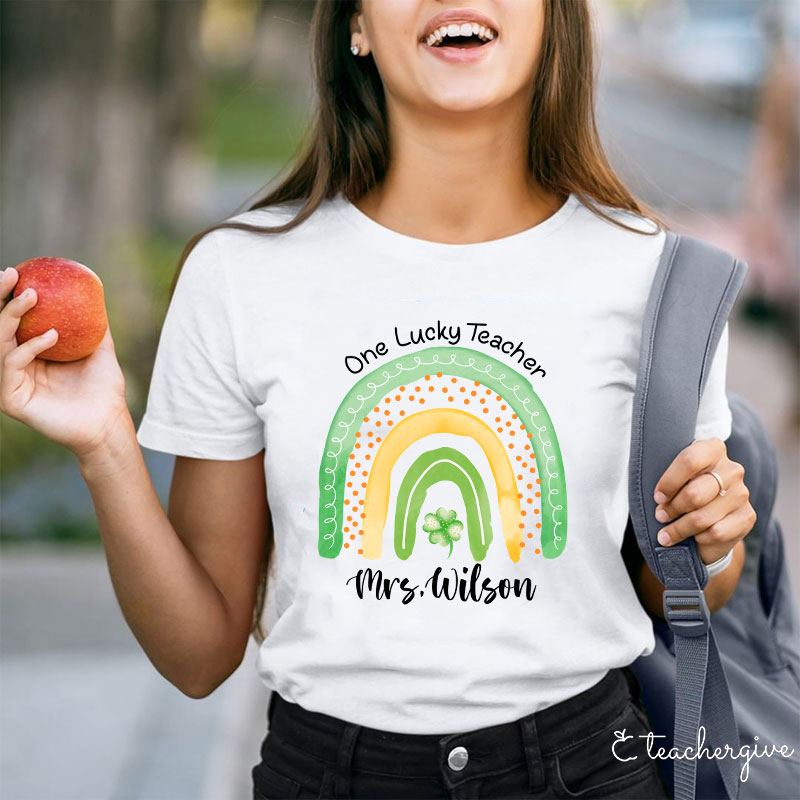 Personalized Name One Lucky Teacher Clover Rainbow Teacher T-Shirt