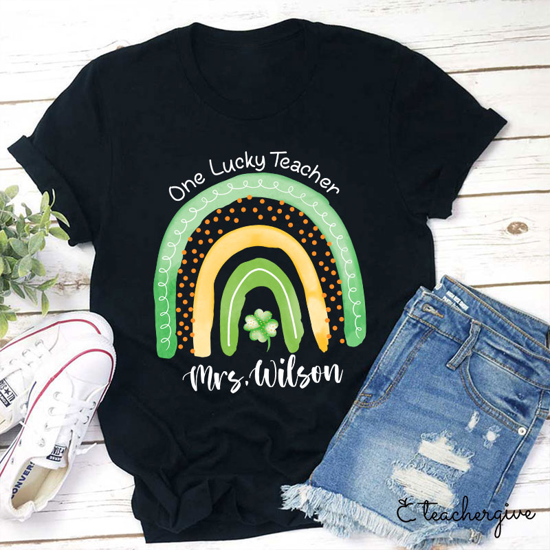 Personalized Name One Lucky Teacher Clover Rainbow Teacher T-Shirt