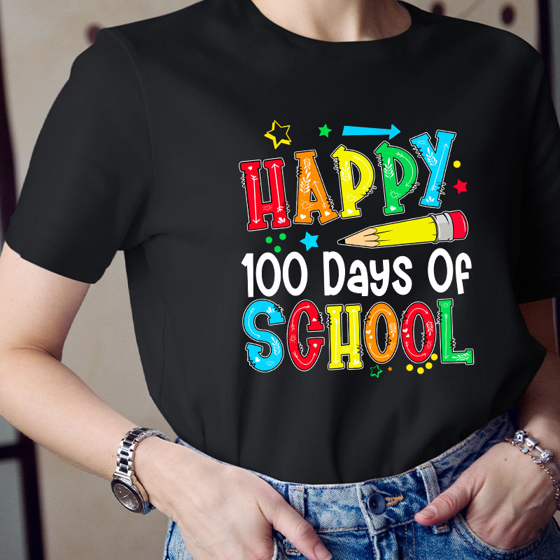 Pencil Happy 100 Days Of School Starry Teacher T-Shirt