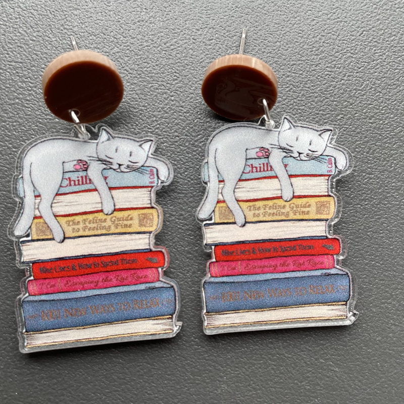 Cute Cat Lying On The Books  Acrylic  Earrings