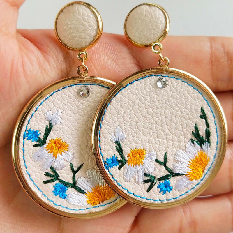 Handmade Multicolor Embroidery Leather Earrings