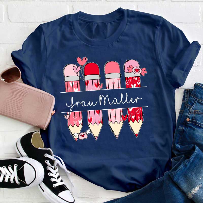 Personalisiert Rosa Bleistift Name Lehrer T-Shirt