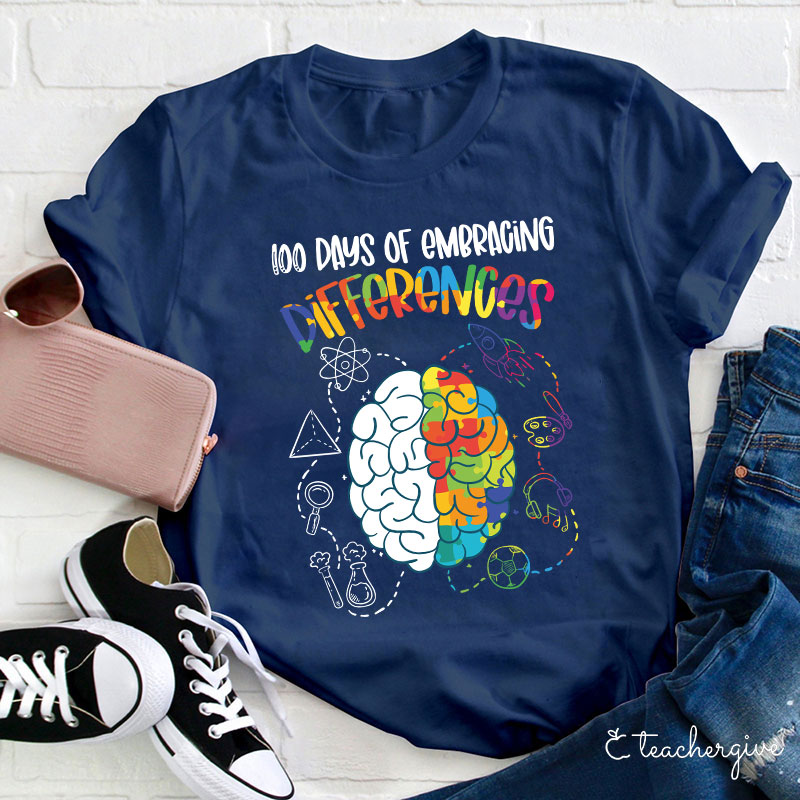 100 Days Of Embracing Differences Puzzle Brain Rocket Teacher T-Shirt