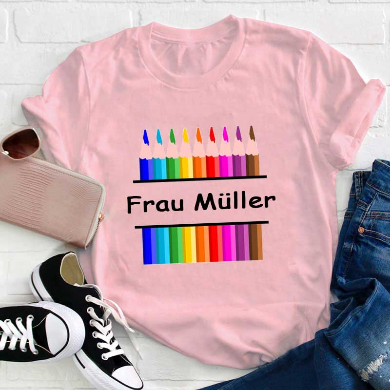 Personalisiert Name Handgemalte Bunte Stifte Lehrer T-Shirt