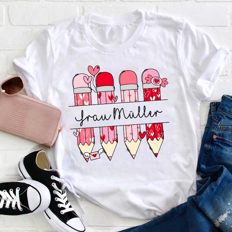 Personalisiert Rosa Bleistift Name Lehrer T-Shirt
