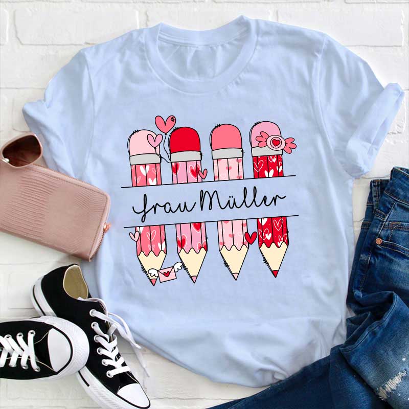 Personalisiert Rosa Bleistift Name Lehrer T-Shirt