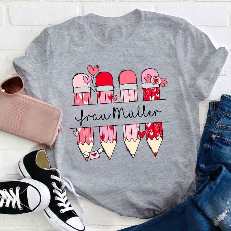 Personalisiert Rosa Bleistift Name Lehrer T-Shirt