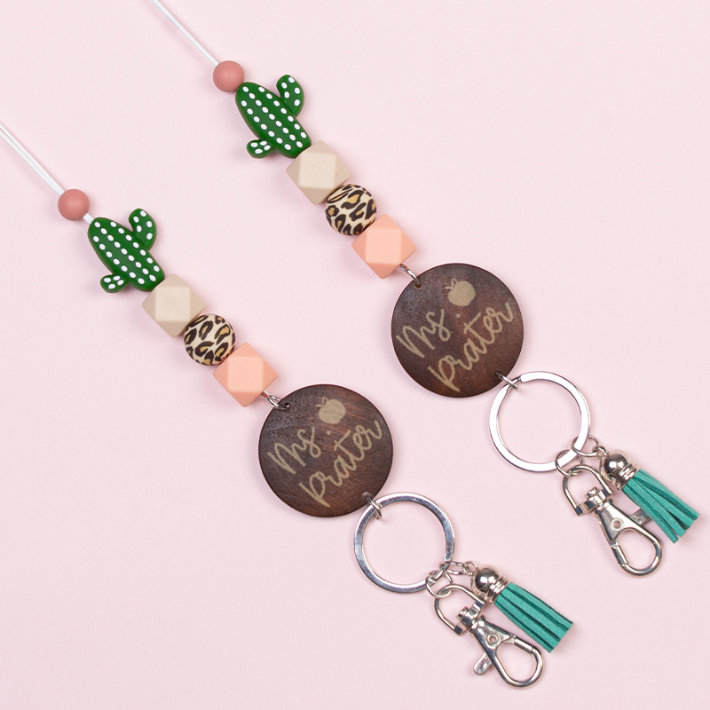 Personalized Cute Cactus Leopard Print Beaded Lanyard