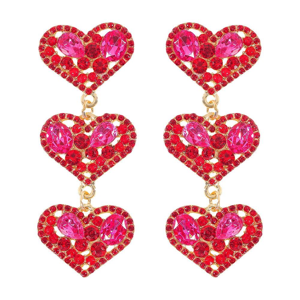Pink Hearts Rhinestone Metal Earrings